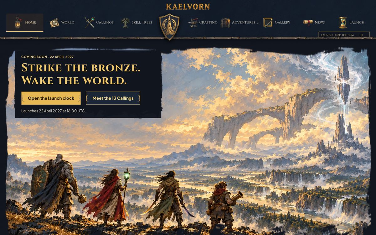 The Kaelvorn homepage: a painted shield emblem at the centre of an icon navigation bar, above four heroes on a ridge facing a broken spire, under the headline Strike the bronze. Wake the world.
