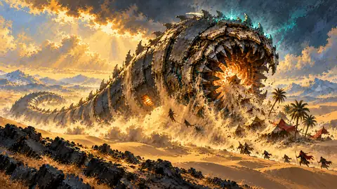 A three-hundred-foot mechanical sand-worm left over from the Concordance War that swallows entire oasis camps to fuel its furnace belly.