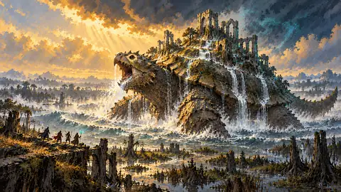A mountain-sized snapping turtle carrying a half-sunken Architect temple on its shell whose roar triggers tidal waves across the marsh.