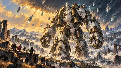 A wandering mountain of fused white porcelain and captured bronze bells that rains glass meteors across the endgame zone.