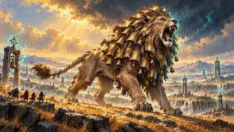 a brass-maned lion the height of a bell-tower whose roar rings the Beacon and pulls every nearby Chime-Post into the fight.
