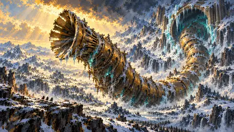 a mile-long brass organ-worm frozen inside a silent Boreal pipe, shaking loose when the Wind-Wall falls out of tune.