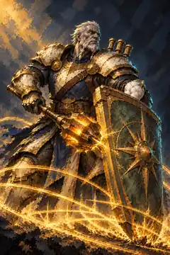Full-body concept painting of Valen Korr, an eight-foot Korvath sentinel with chiseled slate-grey granite skin, silver-white braided beard, burnished gold and ivory plate armor, a porcelain-scarred left wrist, planting his giant green-patina bronze tower shield Toll of Aethel into the stone while raising his glowing war-mace Gavel of the Tenth Chord.