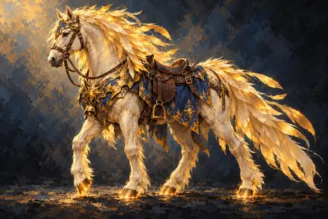 An ivory Sun-Courser with glowing brass hooves, a golden feathered mane, and cobalt saddlecloth.