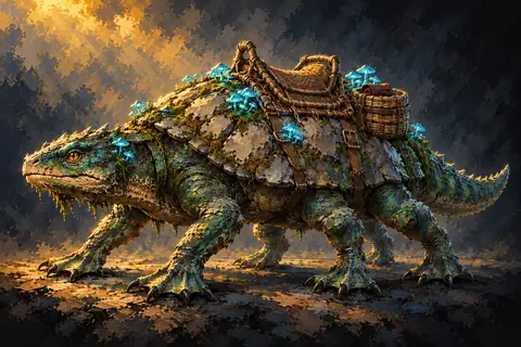 A stocky, fast-moving six-legged amphibious reptile with mottled emerald and turquoise scales, a broad flat head with glowing amber eyes, and a domed shell of weathered river-stone overgrown with glowing blue mushrooms and woven reed saddle-baskets.