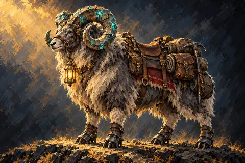 A massive, barrel-chested mountain ram covered in thick slate-grey and snow-white wool, sporting huge curled horns naturally veined with glowing blue quartz, wearing heavy brown leather mountaineering packs, iron crampon-shoes, and a warm brass lantern swinging from its collar.