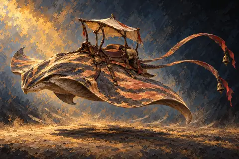 A sleek, wingless desert manta-ray that hovers three feet above the ground on a cushion of acoustic vibration, with leathery hide patterned in copper and rose-gold stripes, twin long tail-ribbons tipped with bronze chimes, and a carved mahogany saddle with a canvas sun-canopy.
