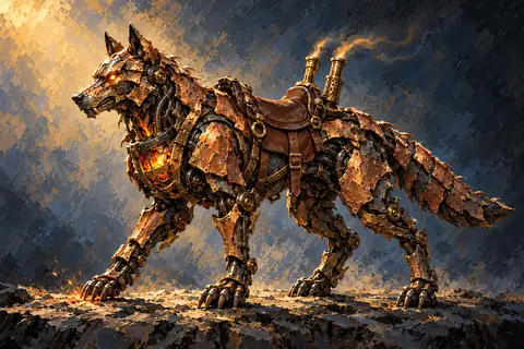 A rideable, wolf-sized quadrupedal machine built from riveted hammered copper plates and blackened iron gears, featuring a glowing orange glass furnace-heart in its chest, twin brass exhaust pipes trailing warm shimmer-waves, and articulated claw-paws that strike sparks on stone.