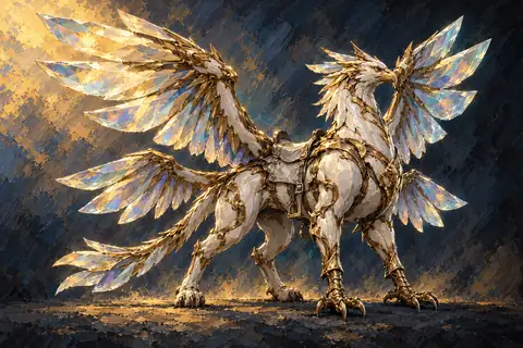 A majestic, four-winged gryphon-like creature sculpted entirely from smooth, opalescent white porcelain and articulated gold filigree joints, with feathers made of floating, chiming blades of rainbow-refracting prism glass and a saddle of spotless silver leather.