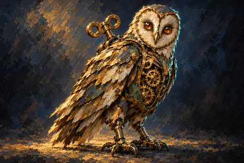 A mechanical barn owl crafted from polished brass and verdigris-patina bronze, with rotating amber-glass lenses for eyes, visible ticking gears inside its chest cage, and a big brass winding-key turning slowly between its shoulder blades.