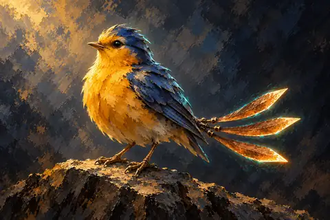 A plump, robin-sized songbird with bright saffron-yellow breast feathers, cobalt-blue wings, and a tail made of three thin, chiming copper feathers that glow softly in the dark.