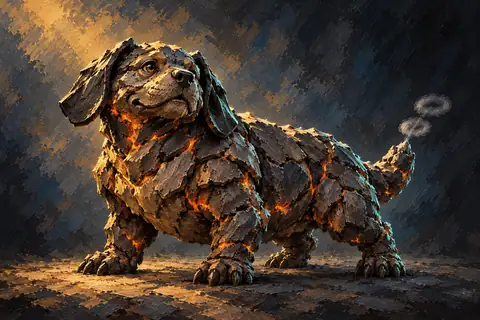 A stout, knee-high lizard-hound made of cracked dark-grey volcanic basalt with warm orange magma glowing harmlessly between its stone plates, floppy obsidian ears, and a stubby tail that puffs tiny rings of grey steam when it barks.
