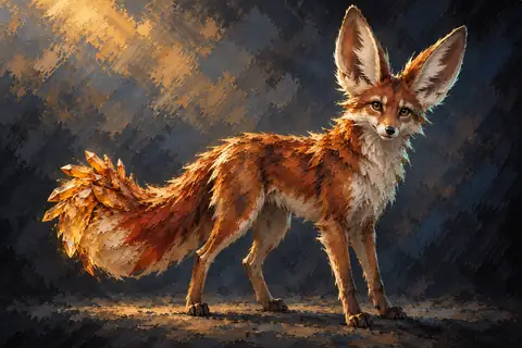 A small, slender desert fox with oversized, foot-long ears lined with soft white fur, a coat of metallic copper-red, and a bushy tail tipped with a natural cluster of tinkling amber crystals.