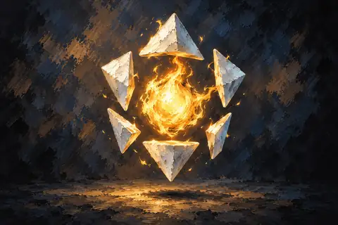 A floating, geometric creature the size of a lantern, consisting of a warm golden flame core orbited by six floating triangles of white porcelain that click and rearrange themselves into different polyhedrons depending on whether the player is in combat.