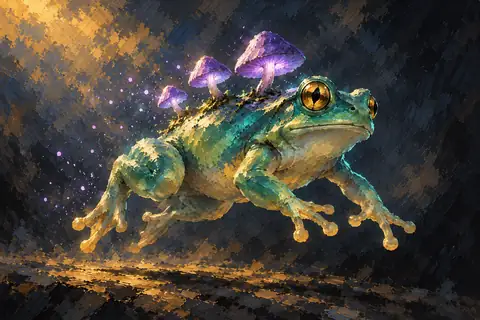 A round, fist-sized tree frog with translucent sea-green skin, large golden eyes, and a cluster of three glowing violet mushroom caps growing cheerfully from its back that release sparkling dust whenever it jumps.