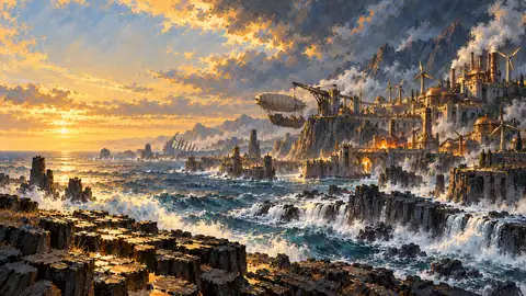 Hexagonal black basalt cliffs, roaring copper smelteries, and cliffside airship cranes above the Churn.