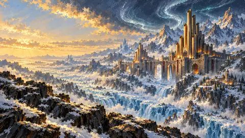 Hundred-foot brass organ pipes glowing with brazier fire against the northern silver aurora.
