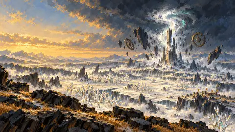 A hauntingly beautiful wasteland of white porcelain plains and crystalline trees that refract rainbow light, where huge slabs of black basalt and broken bronze gears float in mid-air around a colossal, mile-high ruptured tower erupting with a swirling pillar of blinding silver-white radiance.