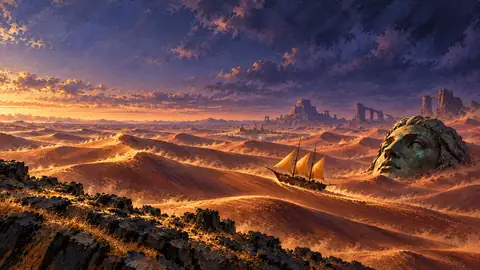 Endless rolling dunes of metallic rose-gold and copper sand beneath a deep violet twilight sky, where a three-masted wooden sand-skiff with saffron sails carves a glowing wake past the half-buried head of a colossal patina-green bronze statue.