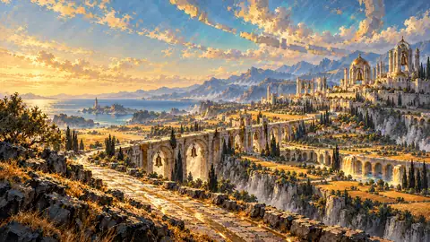 Terraced golden fields and limestone cliffs beneath the glowing amber arches of the Canopy.