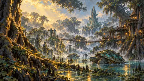 An immense, misty wetland framed by the buttressed roots of mile-high ironwood trees, where turquoise water reflects hanging lanterns of warm amber glass, wooden suspension bridges crisscross thirty feet above the moss, and giant turquoise-shelled snapping turtles wade past half-submerged bronze statues.