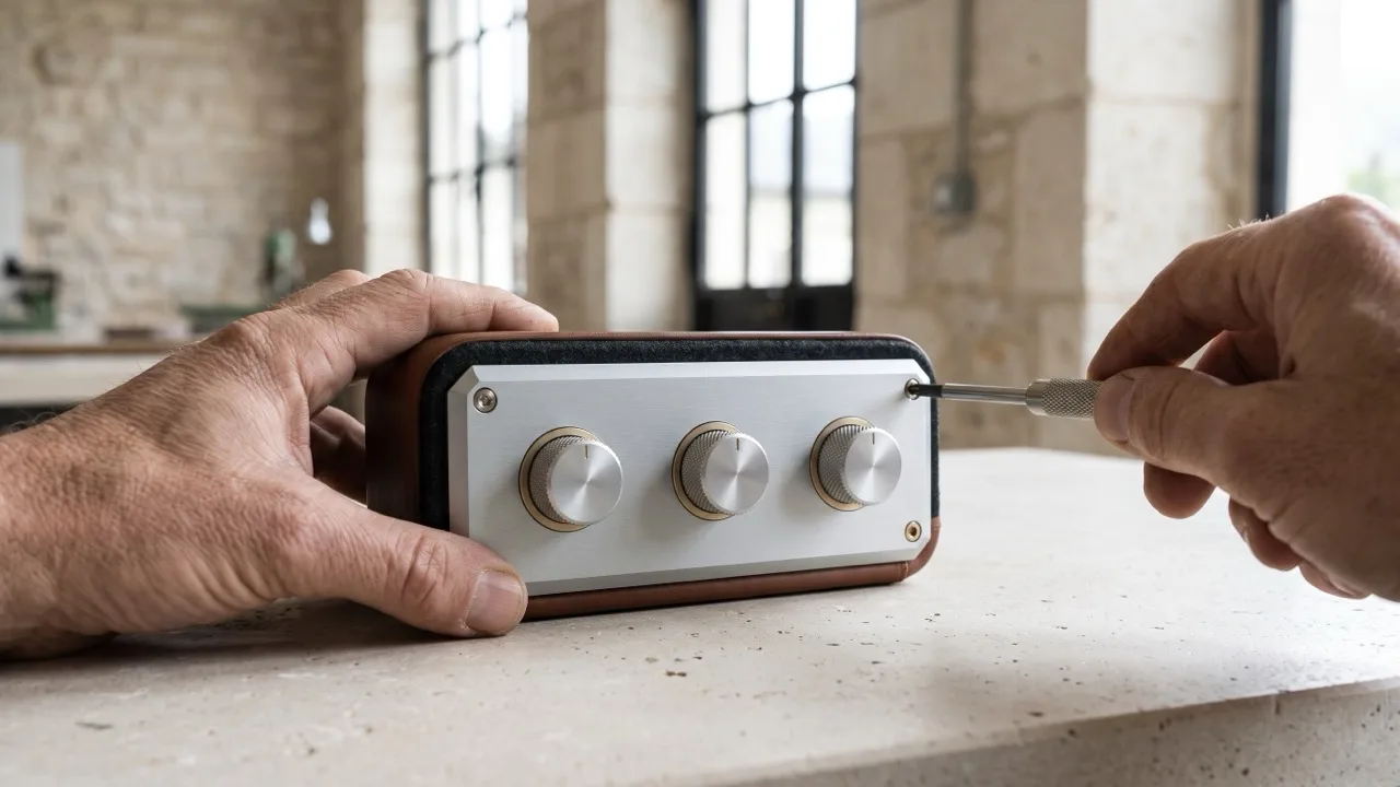 A maker fastens a satin aluminium climate-control panel, showing physical knobs, component edges and accessible screw heads.