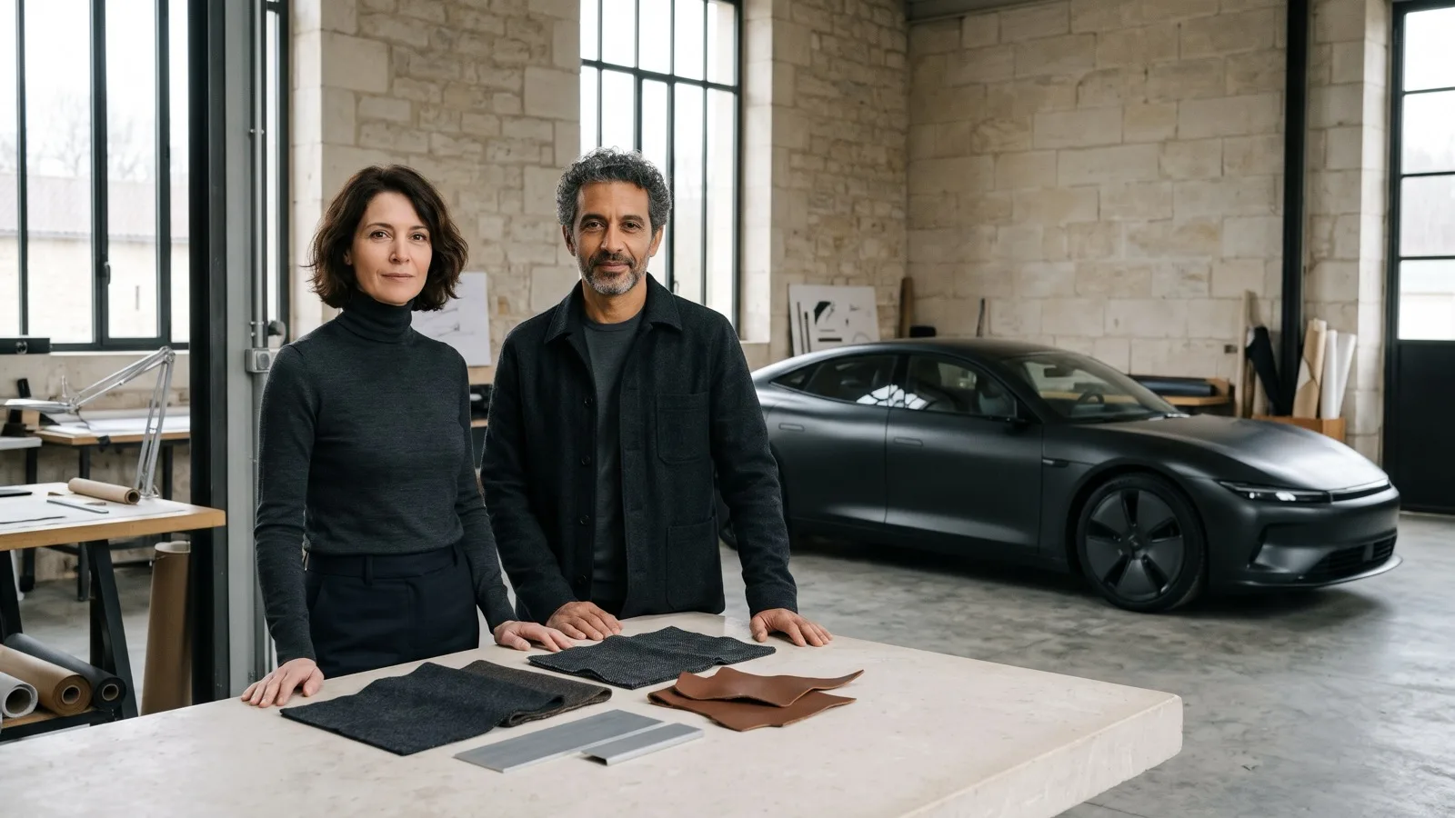 Iria Veyravel and Lucan Esmeret at the material worktable inside their Jura atelier, with the graphite 01 behind them.