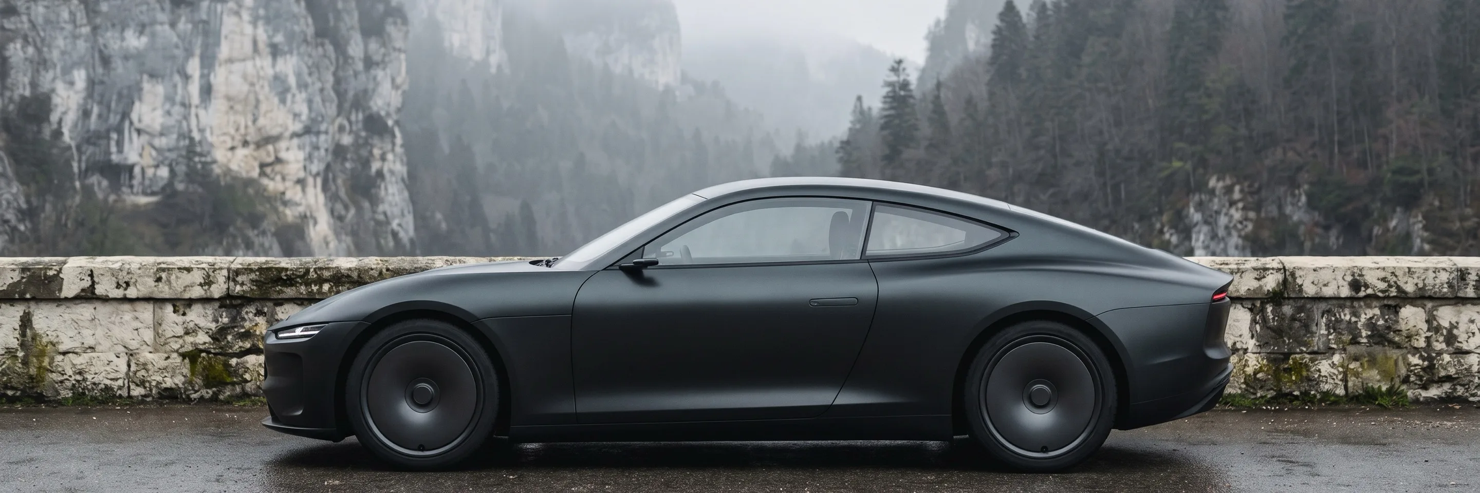 Graphite Veyravel 01 in side profile beside a limestone wall, with wet Jura roads and cliffs beyond.