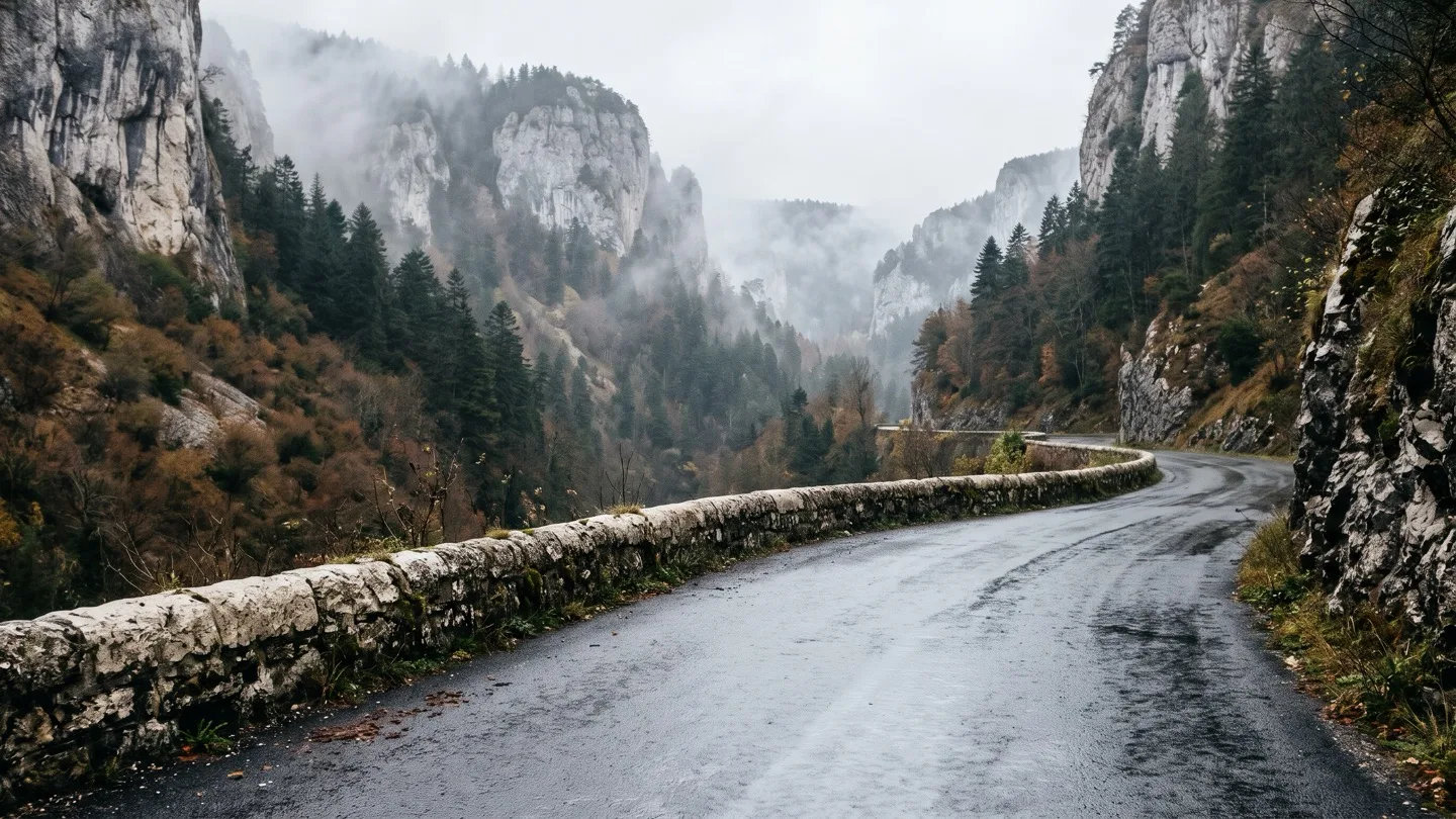 A wet secondary road curves beside a stone parapet beneath pale limestone cliffs in the French Jura.