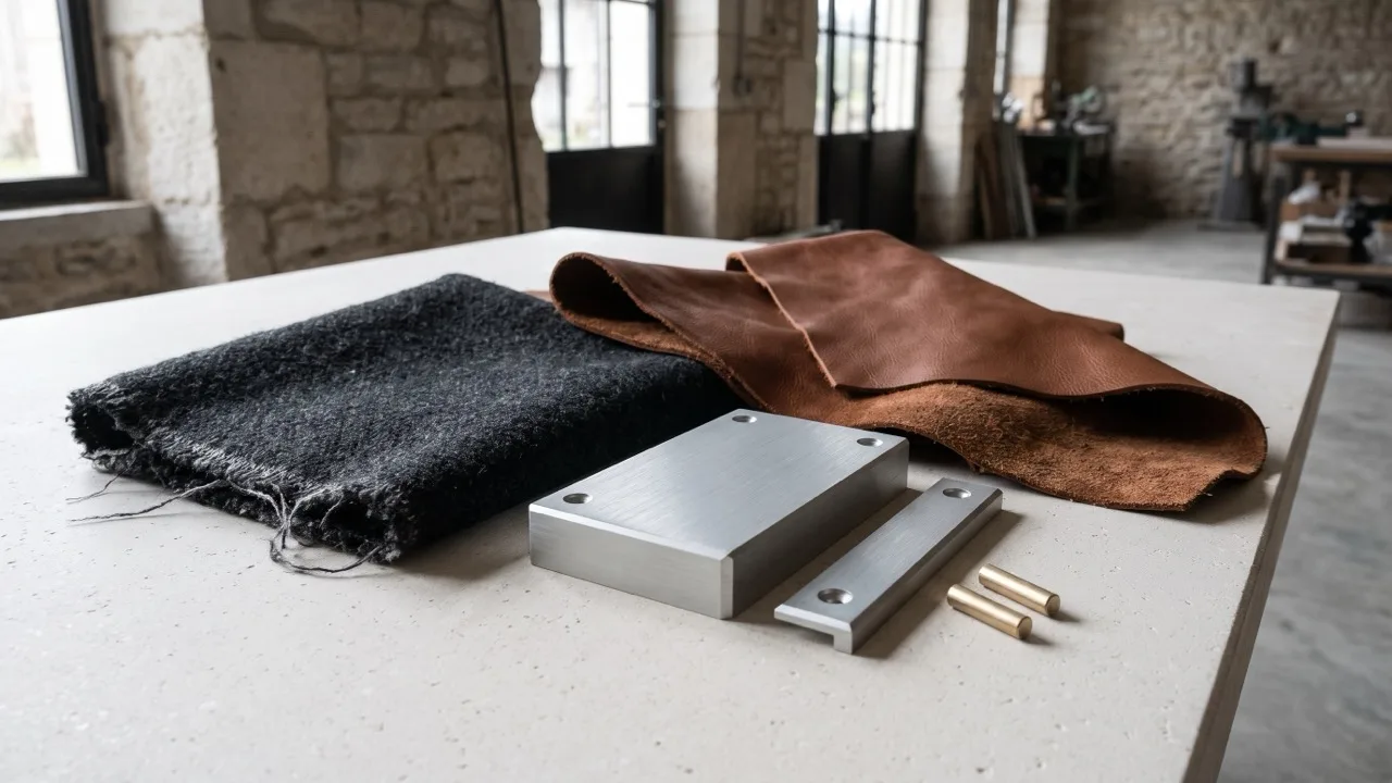 Graphite wool, brown leather and satin aluminium samples laid together on a stone worktable, their unfinished edges visible.