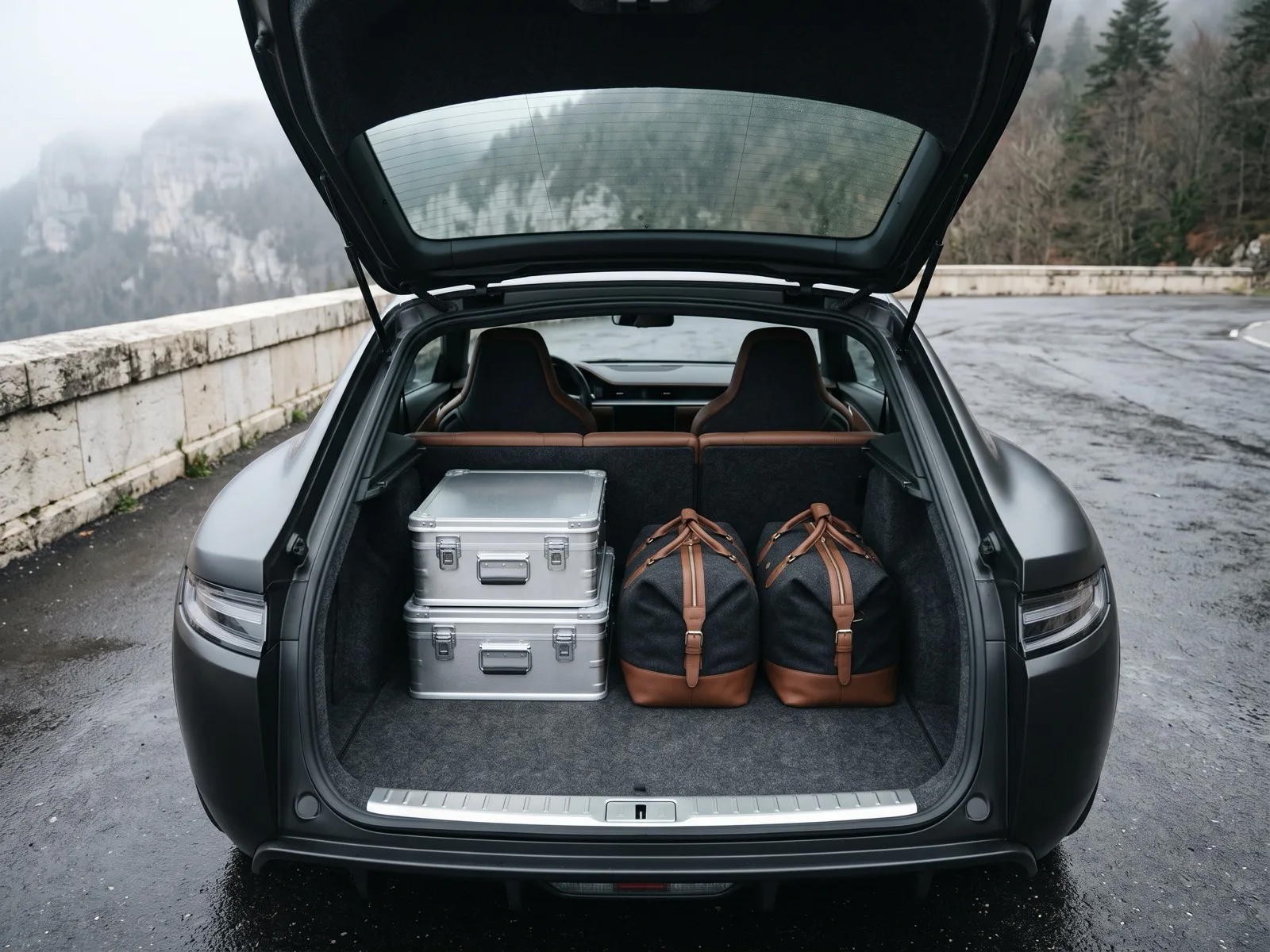 Open rear hatch showing two fitted cases and two weekend bags arranged behind the 01’s two seats.
