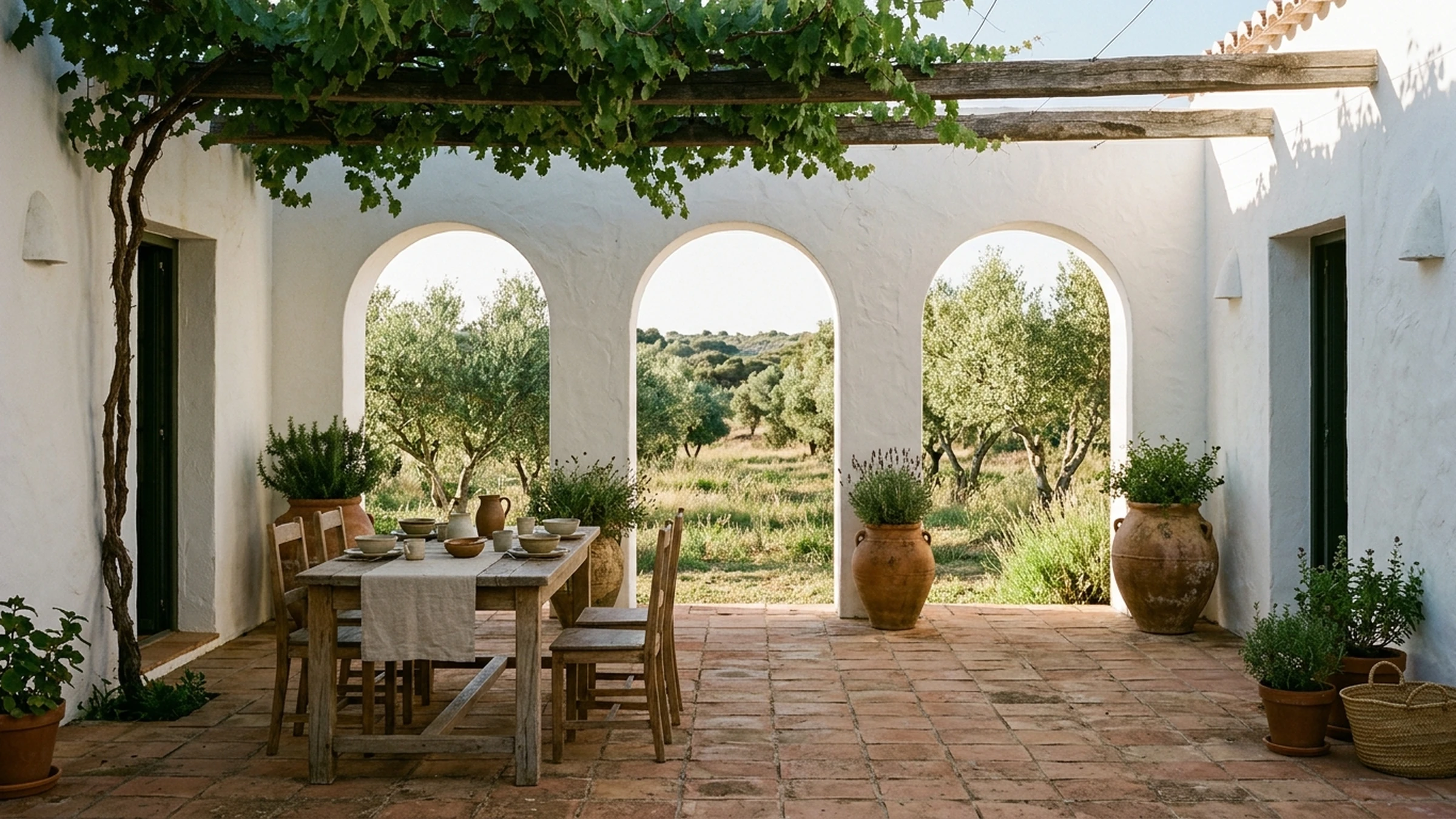 Three shaded courtyard openings face a timber breakfast table, with terracotta paving and an orchard visible beyond.
