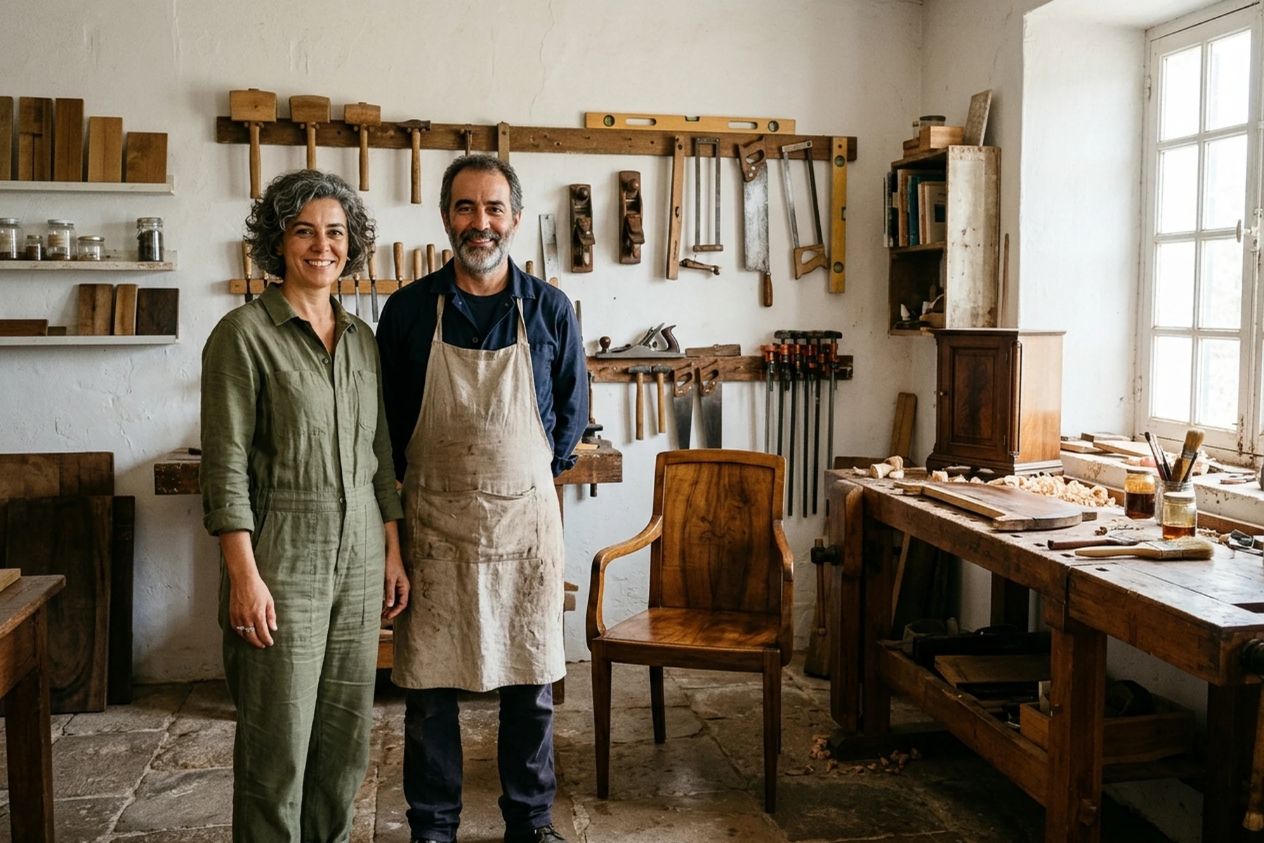 Iria and Tomé stand beside a walnut chair in the conservation workshop, with hand tools hanging on the limewashed wall.
