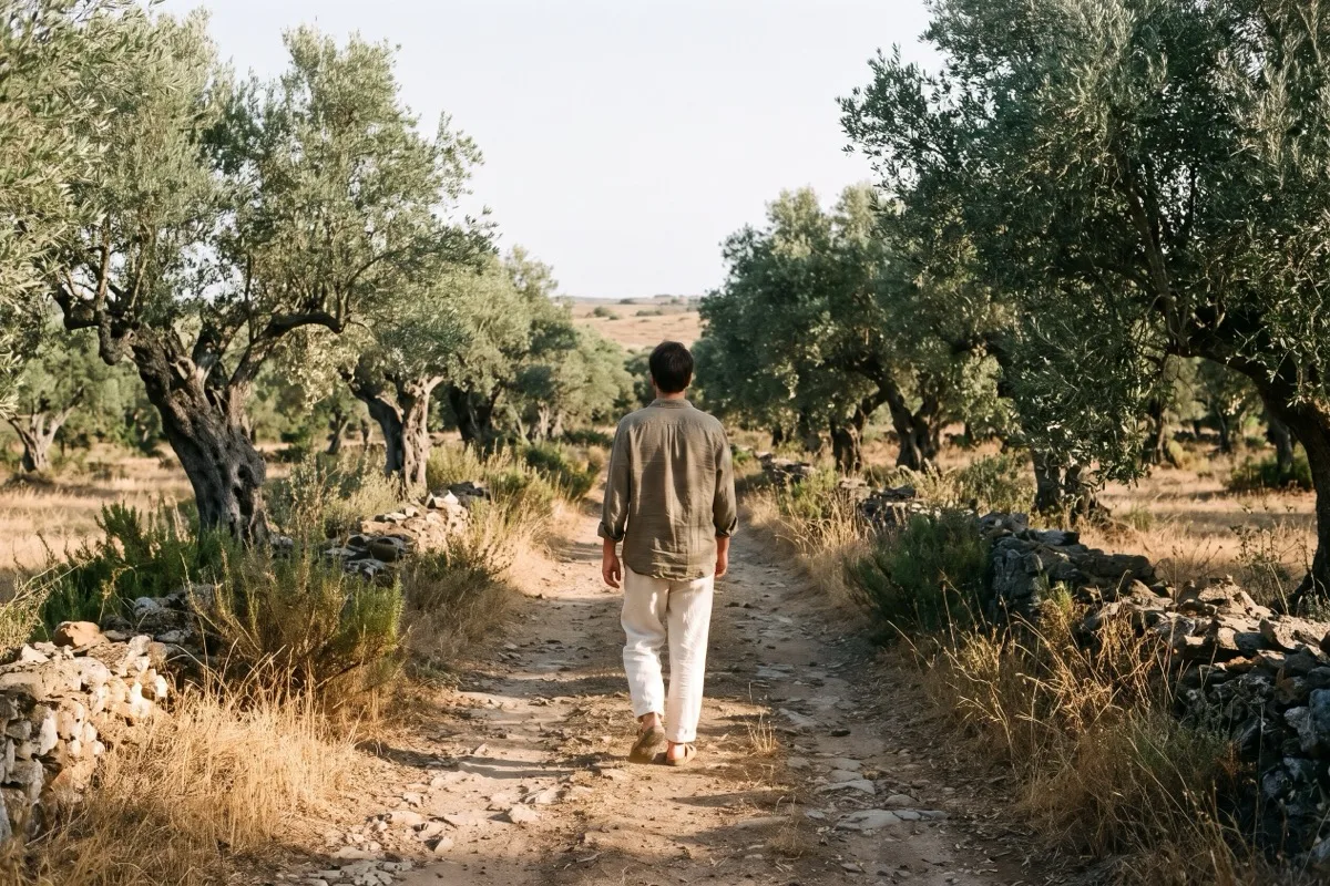 A guest walks between mature olive trees on an unpaved path in afternoon light.
