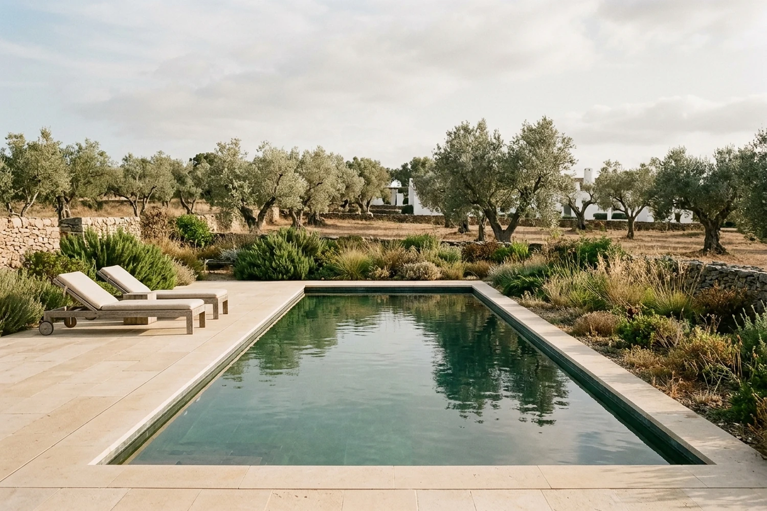 The rectangular sixteen-metre pool sits beside the orchard, edged by stone paving and low planting.