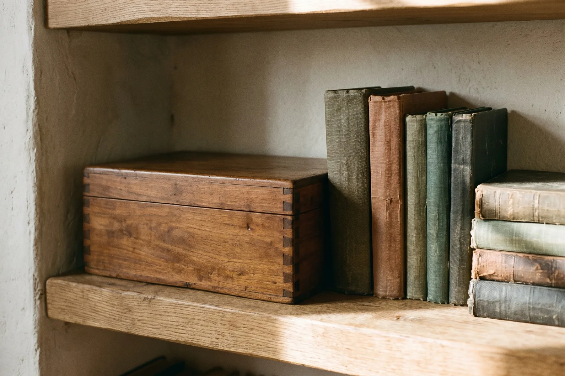 A small wooden belongings box rests beside well-used books on a library shelf, ready for a returning guest.
