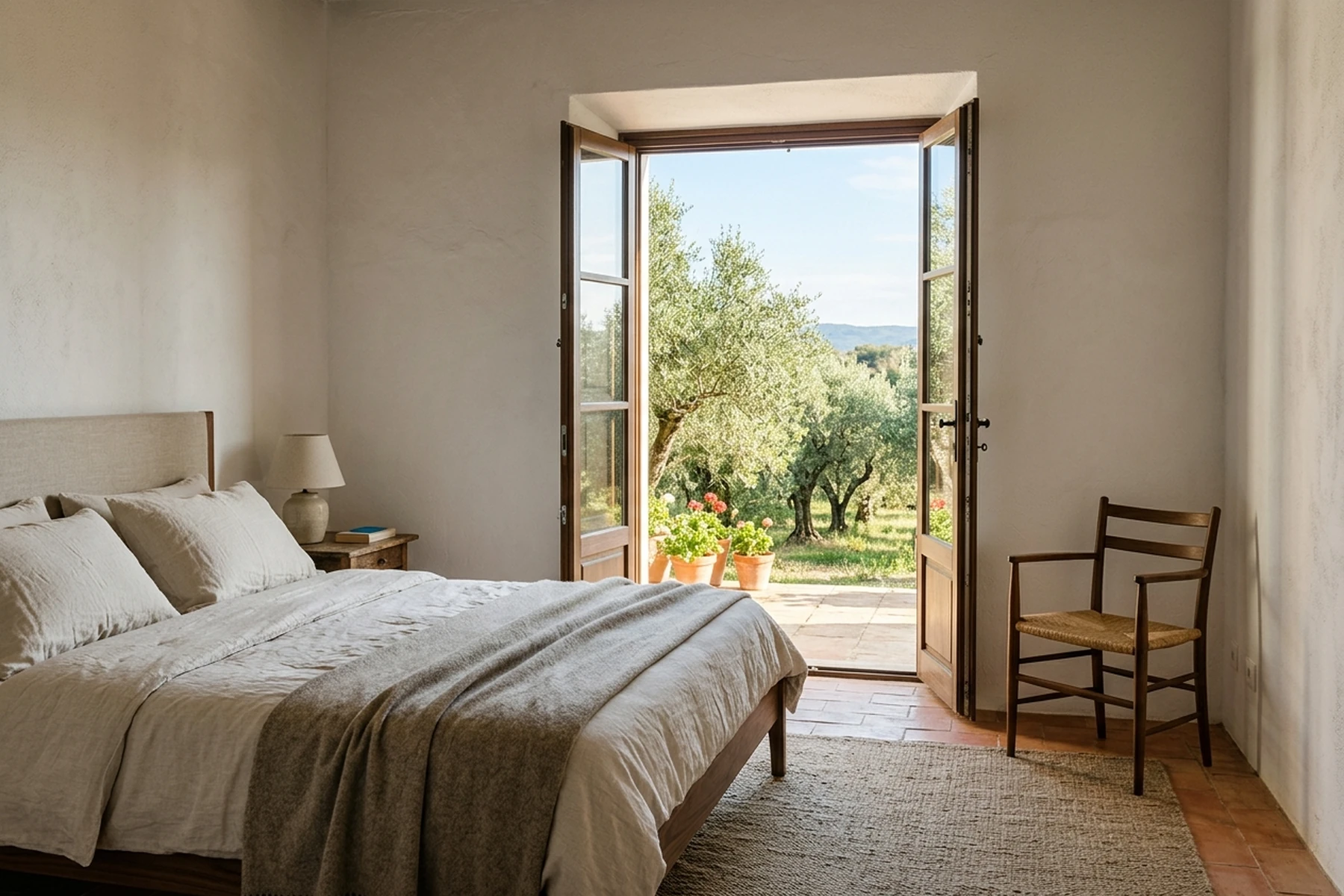 A linen-covered bed and walnut chair face open courtyard doors, with olive trees in the orchard beyond.