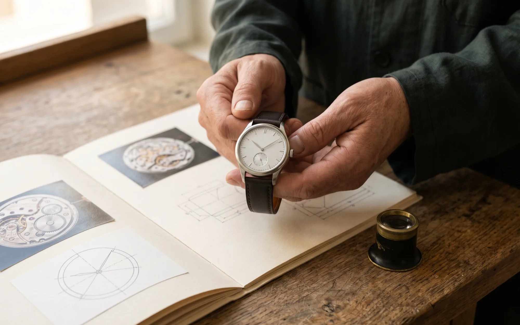 A watchmaker offers the steel T-01 above an open dossier, ready for inspection at the bench.