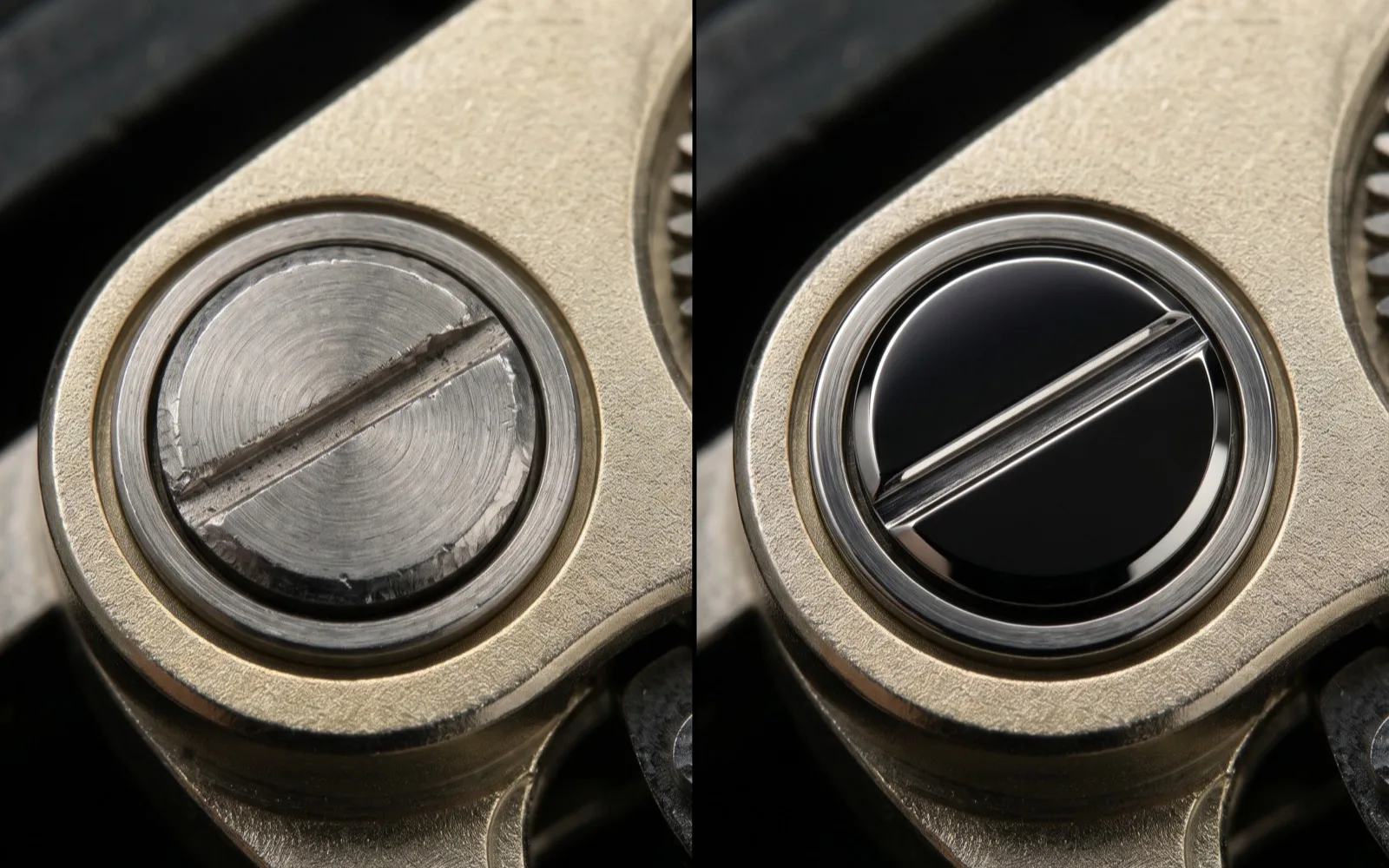 Matching steel screw heads before polishing and after flat mirror polishing under controlled directional light.