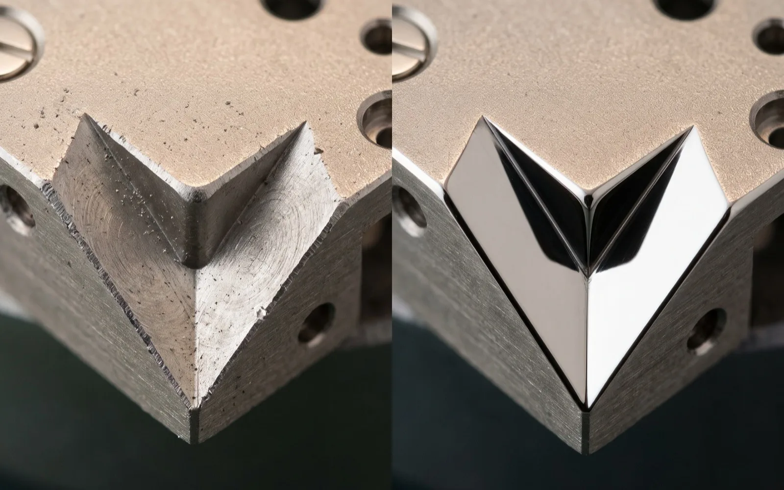 The same inward bridge corner before and after hand finishing, with the polished internal angle visible.