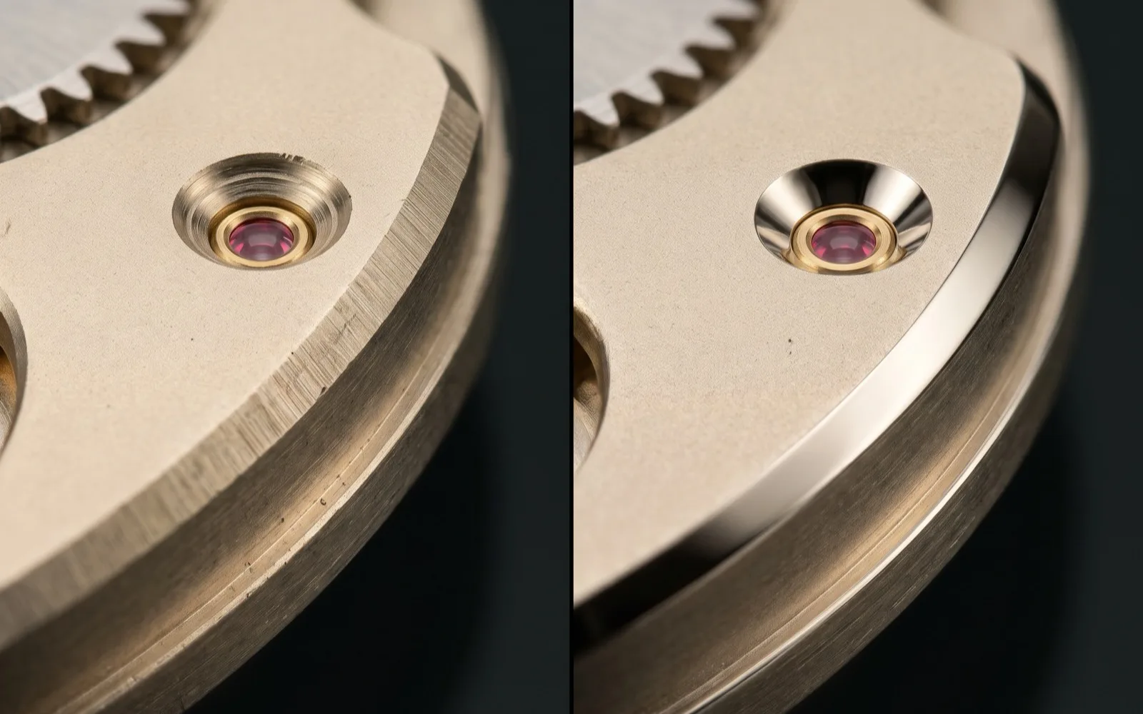 Matching bridge views before and after rounding and polishing the German-silver edge.