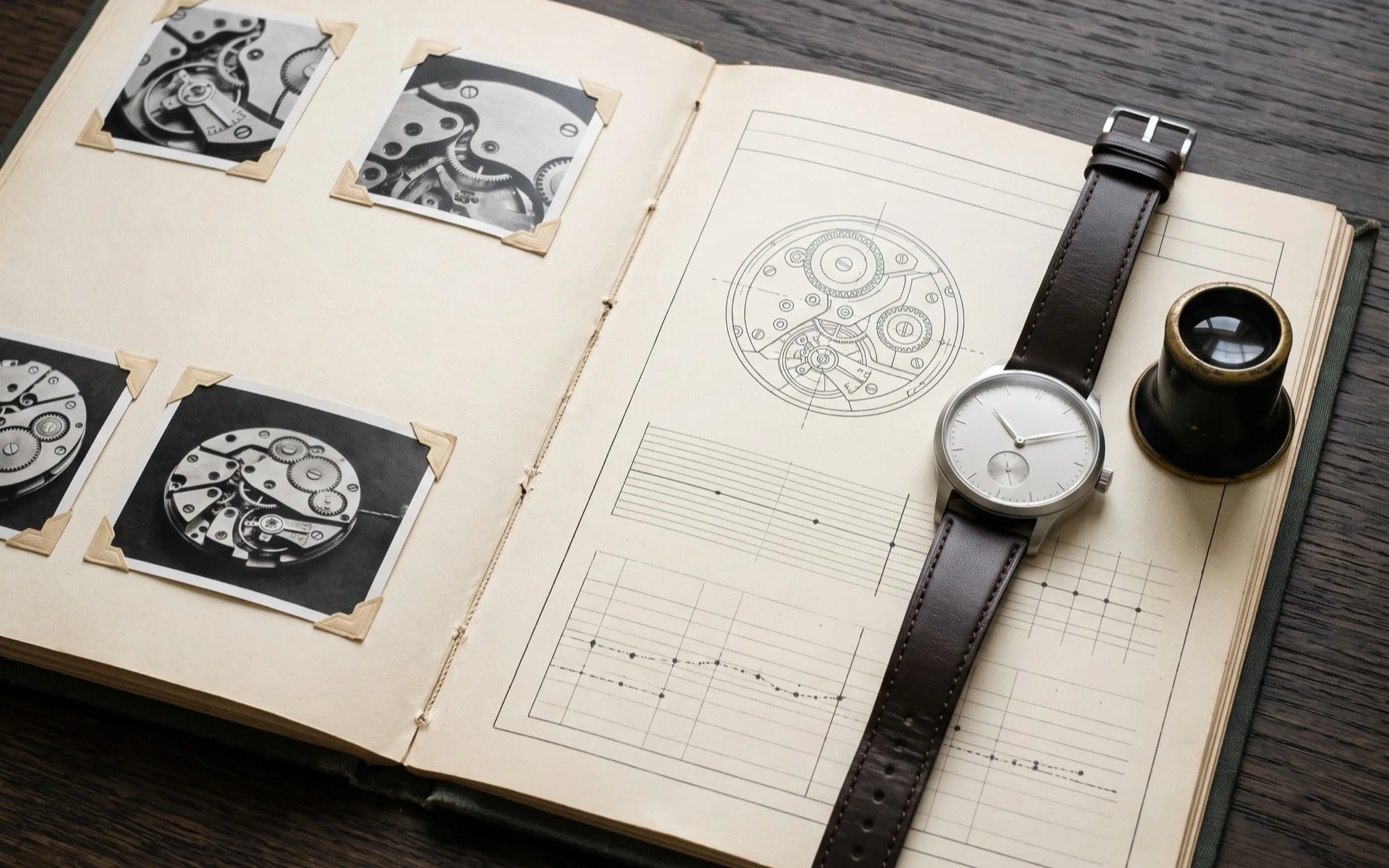 Illustrative open dossier with movement photographs, an unlabeled calibre drawing and chart, and blank inspection fields beside the T-01.