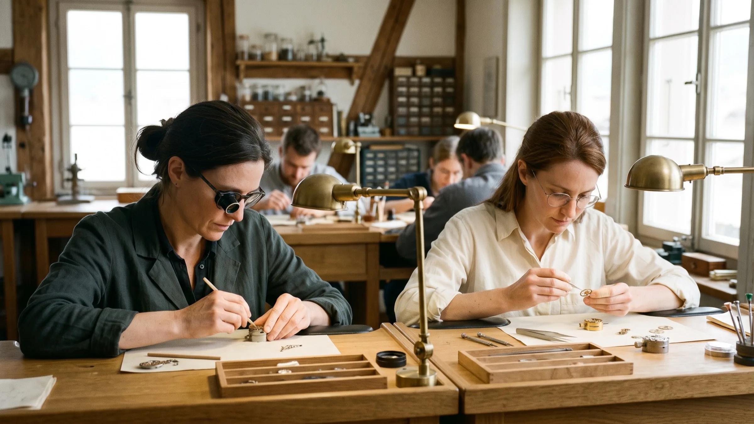 Alix Talvrenne and Éline Dervaillet work at adjacent daylight benches, with colleagues and precision tools behind them.