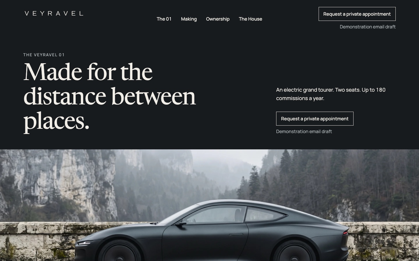 The Veyravel homepage: a graphite two-seat grand tourer beside a limestone parapet