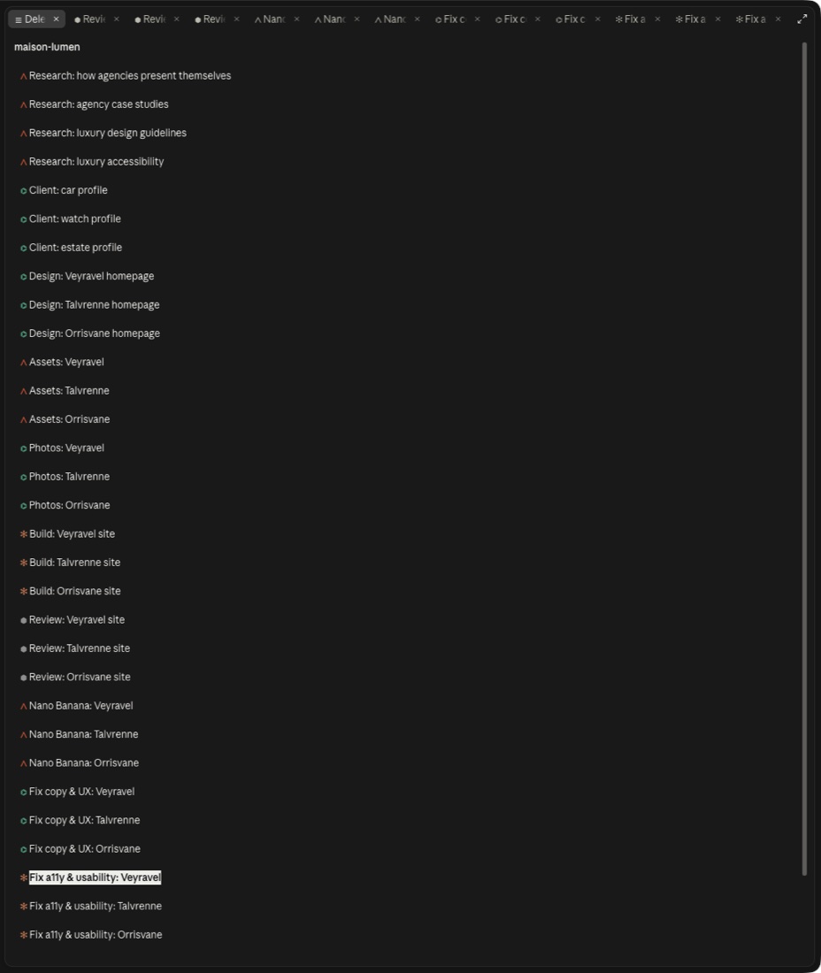 The Delegations pane: the project's 31 chats in order, each marked with its agent's glyph