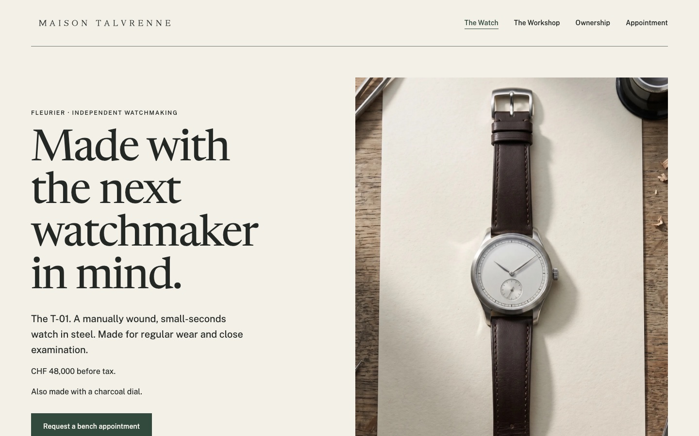 The Maison Talvrenne homepage: a steel watch on paper beside the headline
