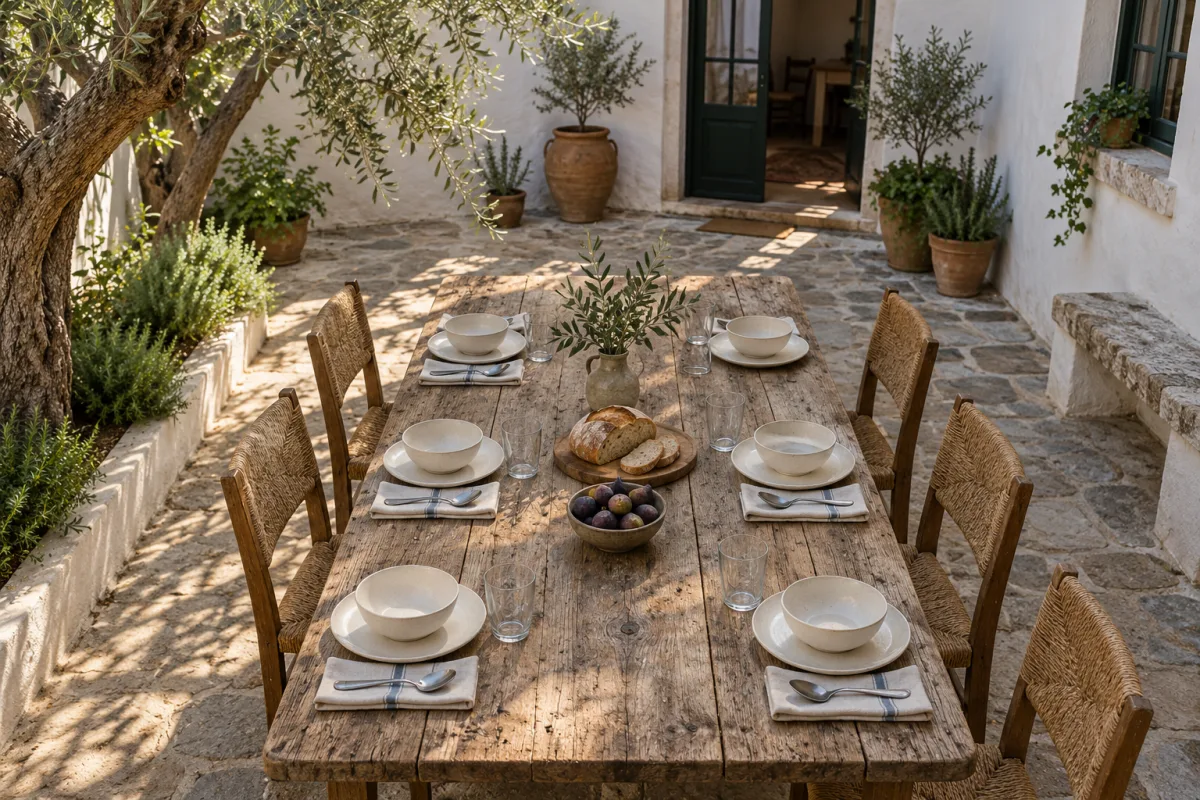 Breakfast is laid for six on a courtyard table with woven linen, ceramic plates, bread and fruit.