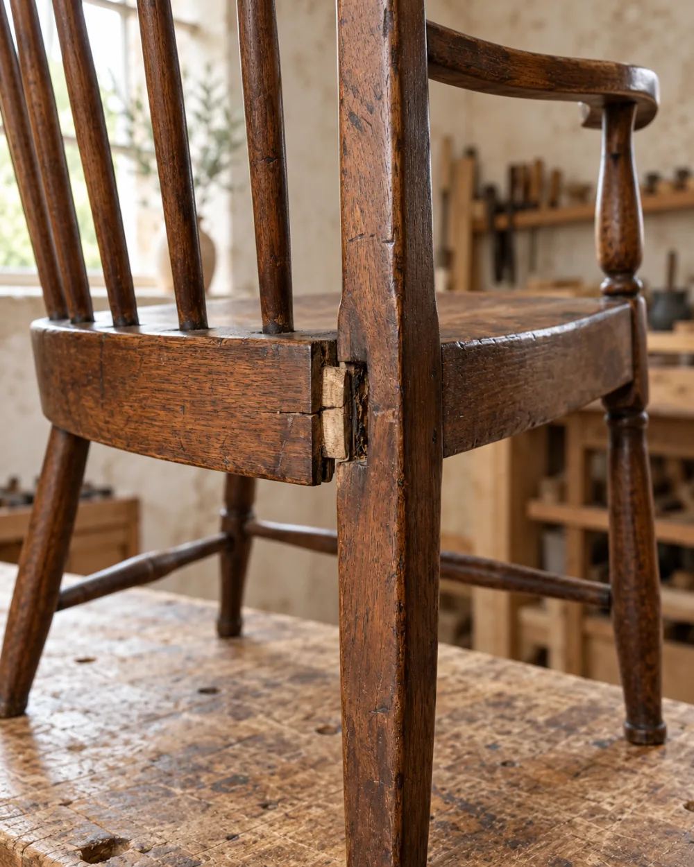 The walnut writing chair's rear joint has opened slightly, exposing the original timber and worn surface.