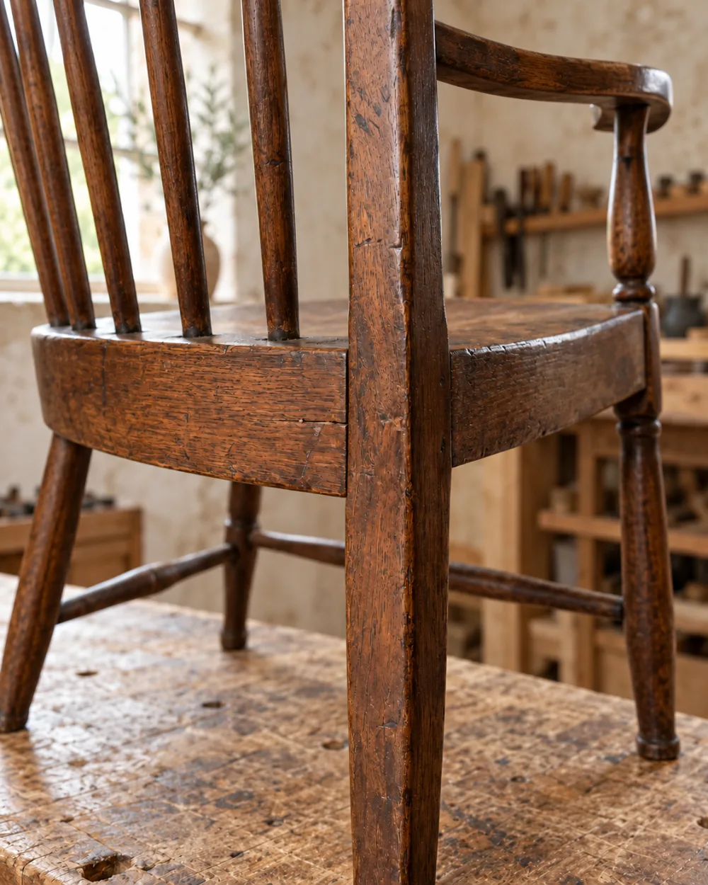 The secured rear joint of the same walnut chair retains its old scratches and darkened surface marks.