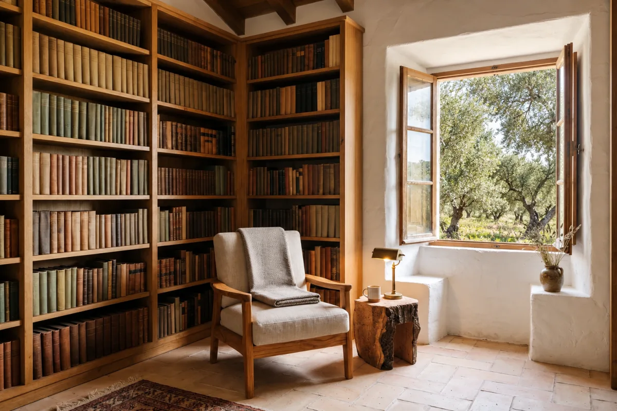 A reading chair and bookshelves sit beside the west room's open window, looking toward the orchard.